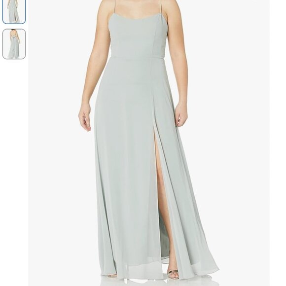 Jenny Yoo Kiara Dress Light Green Gray Women's Maxi Morning Mist Bridesmaid Tie - Picture 5 of 15